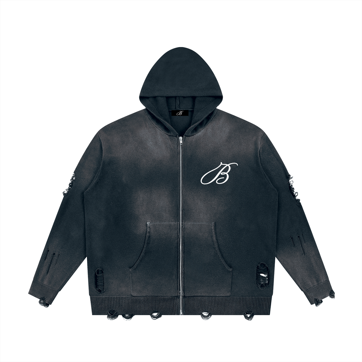 Unisex Distressed Full Zip Sweater